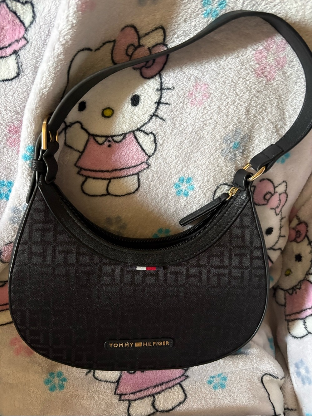 Tommy Hilfiger Black Crescent Shoulder Bag with Monogram